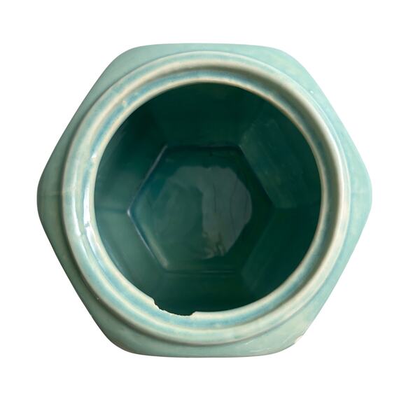 Shawnee USA Late 30s Hexagon Basket Weave Pottery Cookie Jar Aqua Mint Turquoise - Picture 2 of 8